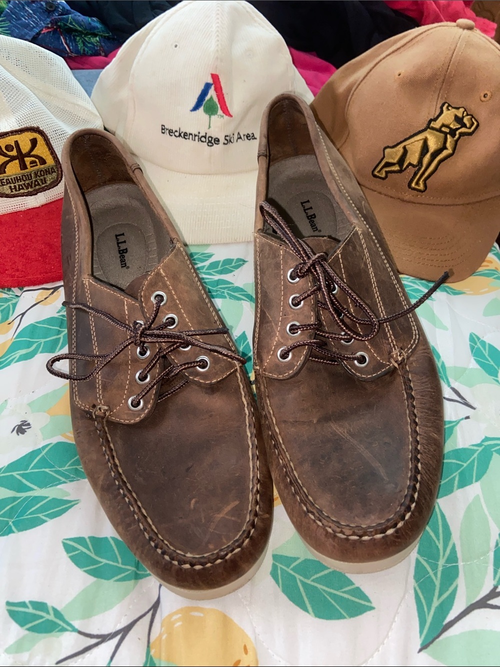 MENS LLBEAN LEATHER BOAT SHOES Dark Brown 14D EUC